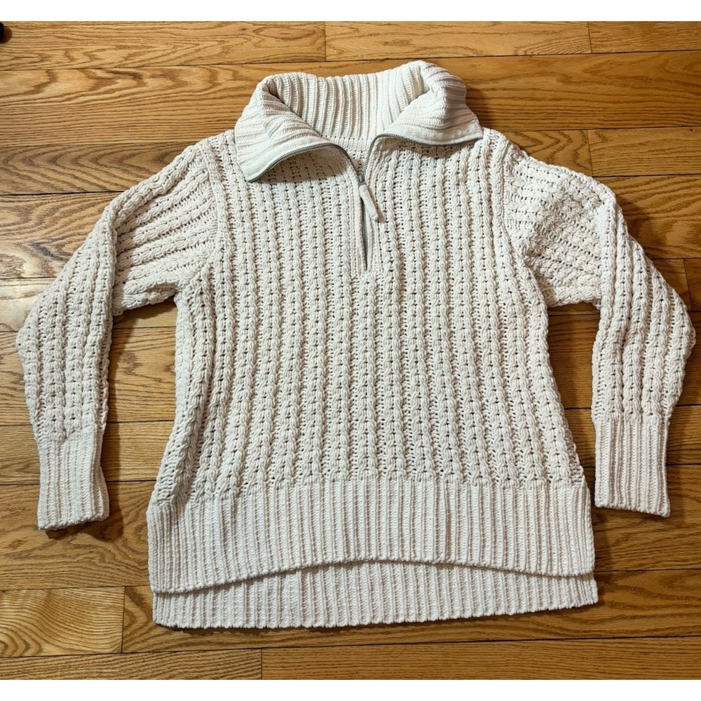 Aerie Seater Cable Knit Car Quarter Zip Sweater Cream Boho Oversized Womens S
